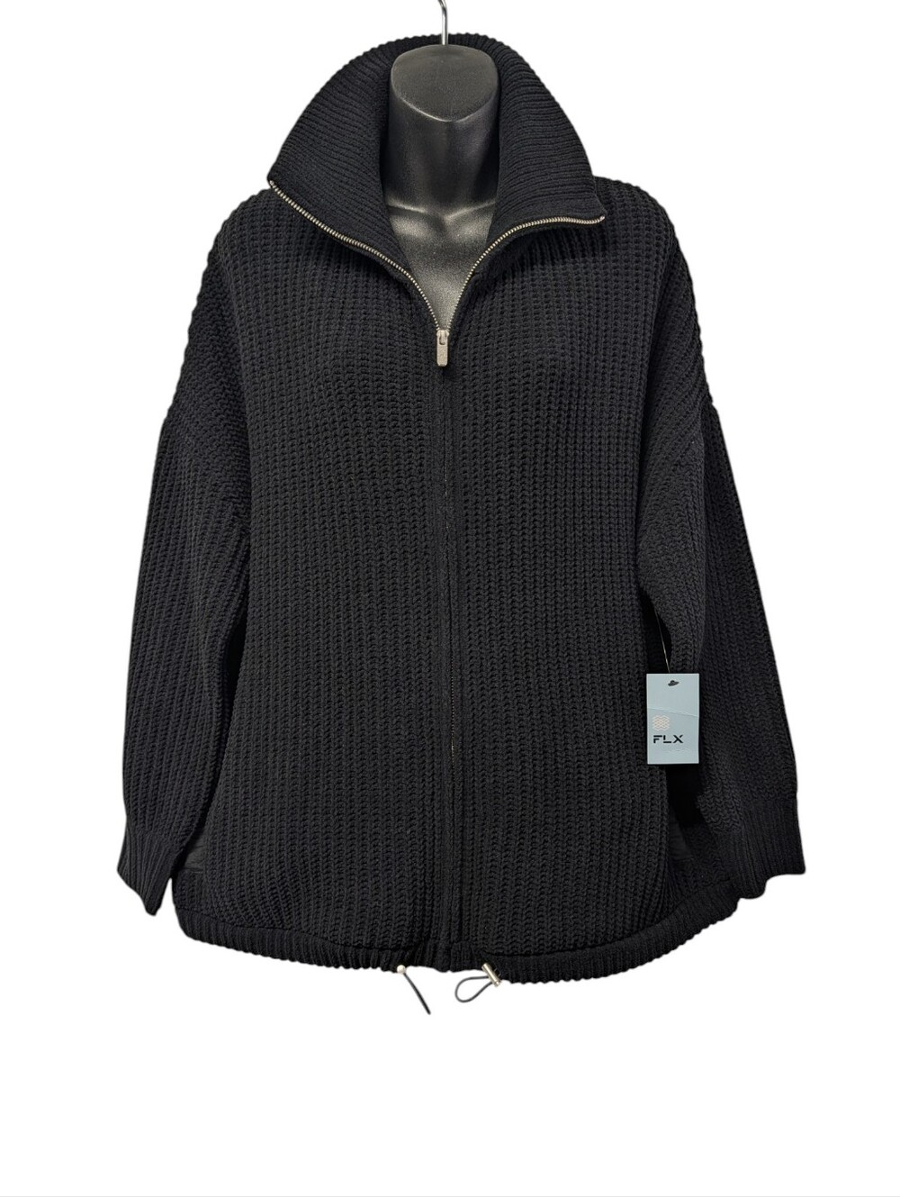 FLX Men's Size Large Black Chunky Waffle Knit Full Zip Sweater Jacket NWT
